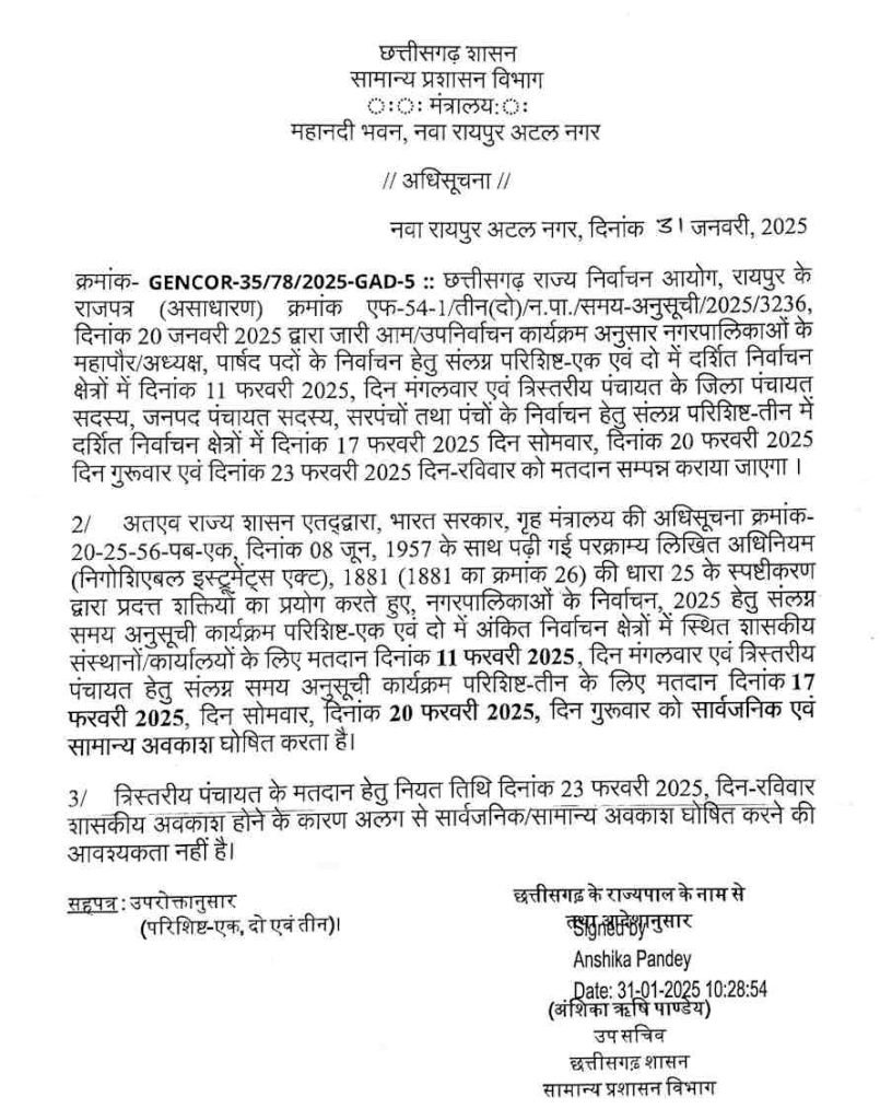 नगरीय निकाय और त्रिस्तरीय पंचायत चुनाव के दिन सार्वजनिक अवकाश, अधिसूचना जारी