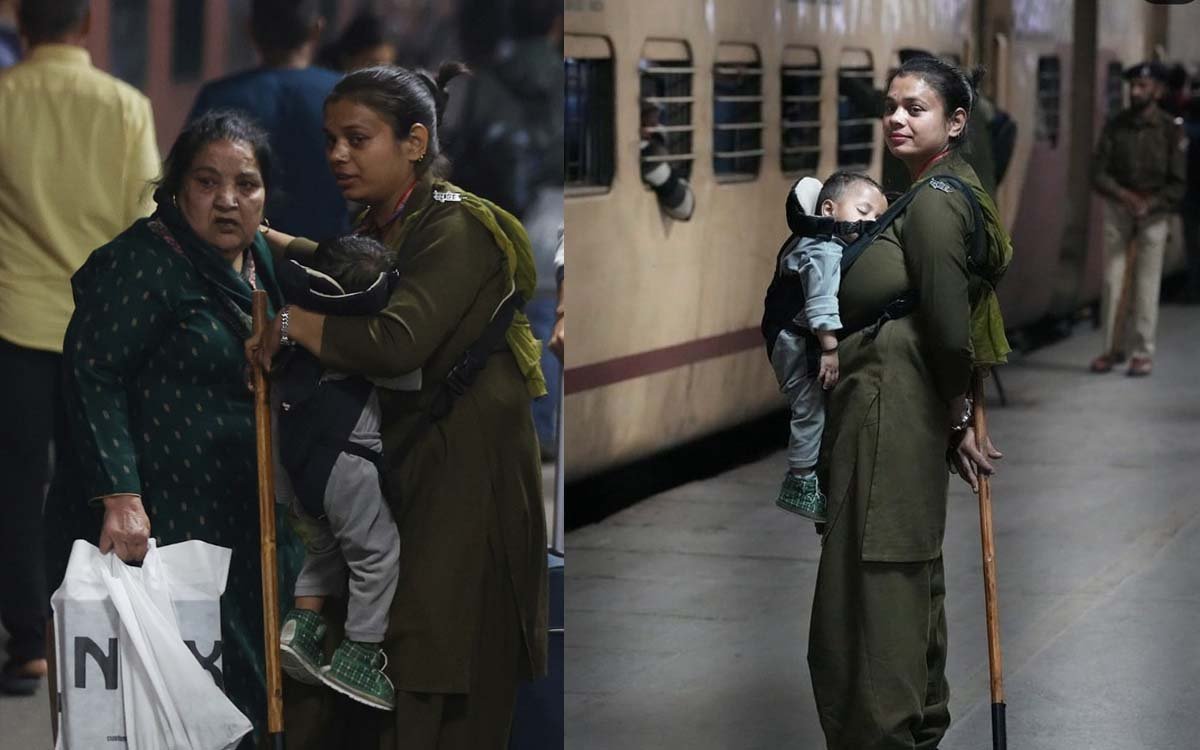 बच्चे को सीने से लटकाए महिला कांस्टेबल