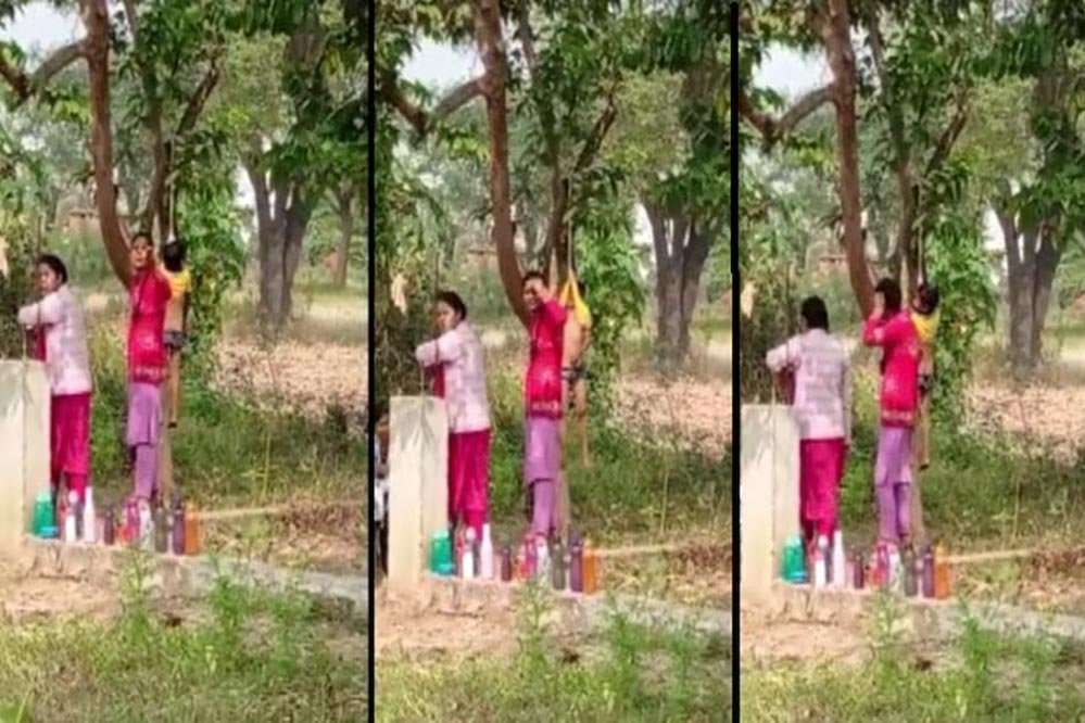 मासूम बच्चे को टी-शर्ट से पेड़ पर लटकाया
