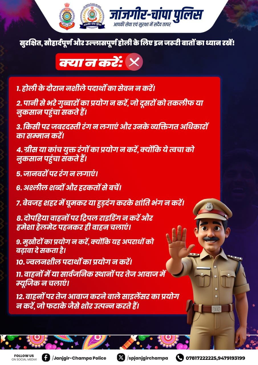 * आगामी होली पर्व की सुरक्षा व्यवस्था को मद्देनजर रखते हुये जांजगीर-चांपा पुलिस की चाक चौबंद व्यवस्था * जिले के सभी थाना/चौकी क्षेत्र अंतर्गत लगातार पुलिस द्वारा भ्रमण/पेट्रोलिंग कर हुड़दंगियों /संदिग्ध व्यक्तियों पर कड़ी नजर रखी जाएगी * बाइक पेट्रोलिंग, गांव/शहर की सकरी गलियों तक पुलिस की पहुंच रहेगी * जिले के सभी थाना/चौकियों में चीता स्क्वायड टीम बनाया गया है, जिसके द्वारा हुड़दंगियों करने वालो के विरूद्ध सख्त कार्रवाई की जावेगी * DJ बाजा बजाने वालों के विरुद्ध सख्त कार्रवाई, दोपहिया वाहन में तीन सवारी, मुखौटा लगाकर व शराब पीकर वाहन चलाने और शांति भंग करने वालो पर होगी कठोर कार्यवाही * गुंडे बदमाश हो जाये सावधान, जांजगीर पुलिस की चेतावनी, होली त्योहार के दौरान गुंडा बदमाश असामाजिक तत्वों पुलिस की कड़ी नजर बदमाशी करने पर की जाएगी सख्त कानूनी कार्यवाही