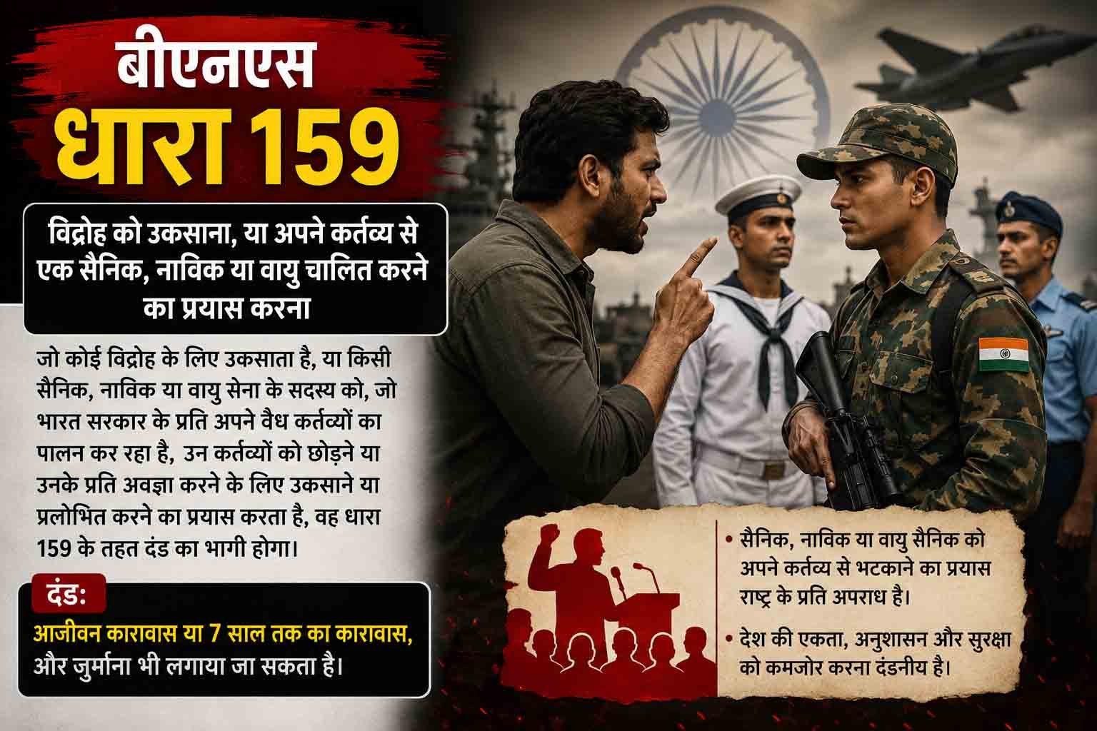 बीएनएस धारा 159, विद्रोह को उकसाना, या अपने कर्तव्य से एक सैनिक, नाविक या वायु चालित करने का प्रयास करना