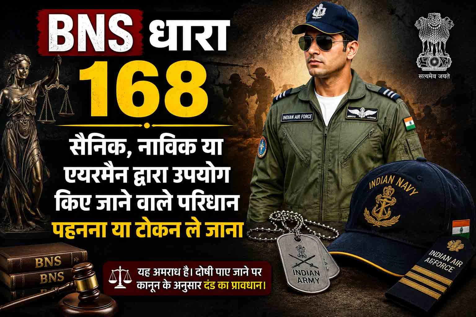 बीएनएस धारा 168, सैनिक, नाविक या एयरमैन द्वारा उपयोग किए जाने वाले परिधान पहनना या टोकन ले जाना