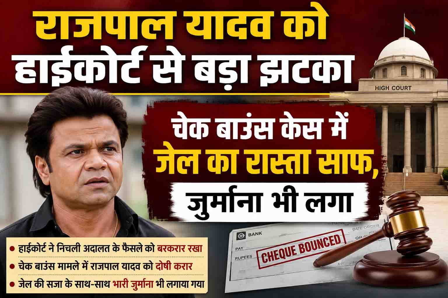 राजपाल यादव को हाईकोर्ट से बड़ा झटका, चेक बाउंस केस में जेल का रास्ता साफ, जुर्माना भी लगा