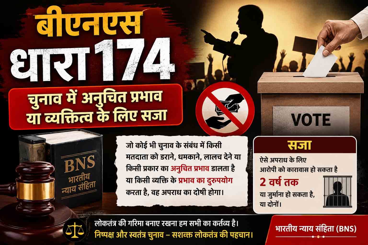 बीएनएस धारा 174, चुनाव में अनुचित प्रभाव या व्यक्तित्व के लिए सजा