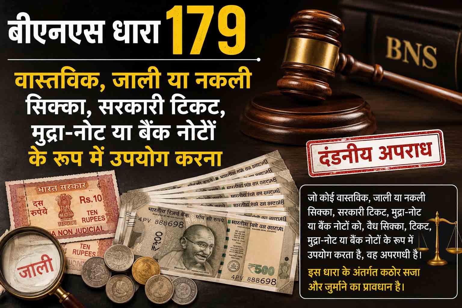 बीएनएस धारा 179, वास्तविक, जाली या नकली सिक्का, सरकारी टिकट, मुद्रा-नोट या बैंक नोटों के रूप में उपयोग करना