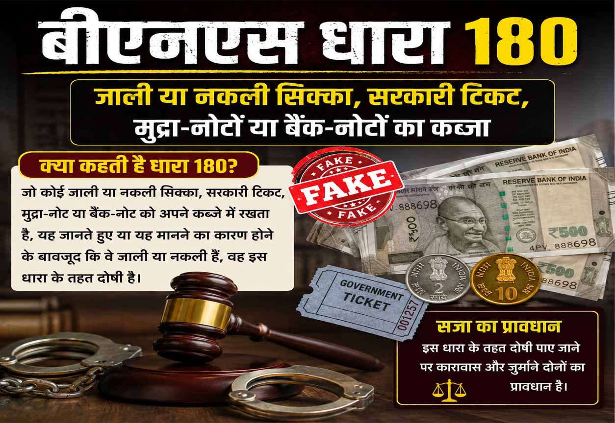 बीएनएस धारा 180, जाली या नकली सिक्का, सरकारी टिकट, मुद्रा-नोटों या बैंक-नोटों का कब्जा