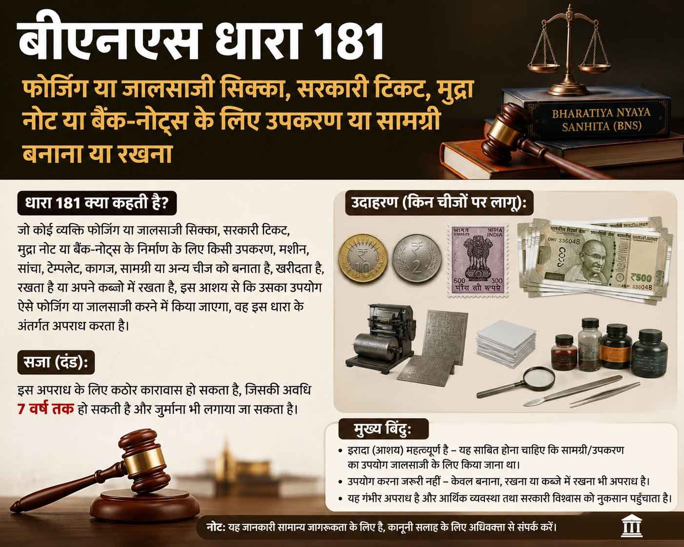 बीएनएस धारा 181, फोर्जिंग या जालसाजी सिक्का, सरकारी टिकट, मुद्रा नोट या बैंक-नोट्स के लिए उपकरण या सामग्री बनाना या रखना