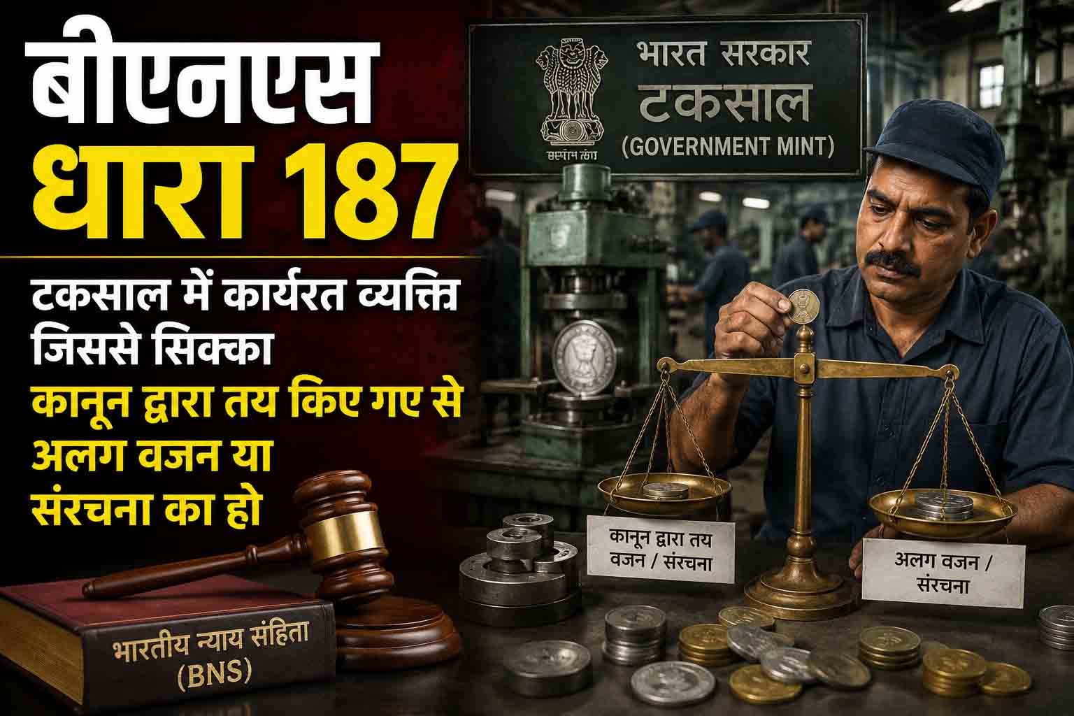 बीएनएस धारा 187, टकसाल में कार्यरत व्यक्ति जिससे सिक्का कानून द्वारा तय किए गए से अलग वजन या संरचना का हो