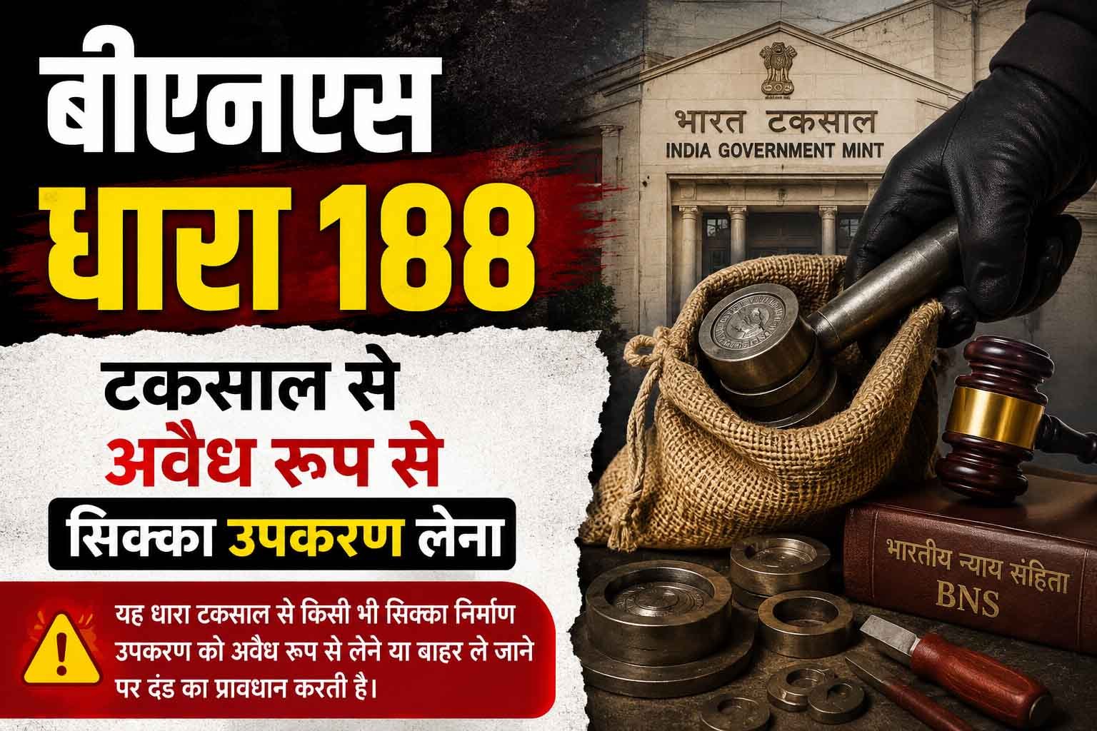 बीएनएस धारा 188, टकसाल से अवैध रूप से सिक्का उपकरण लेना