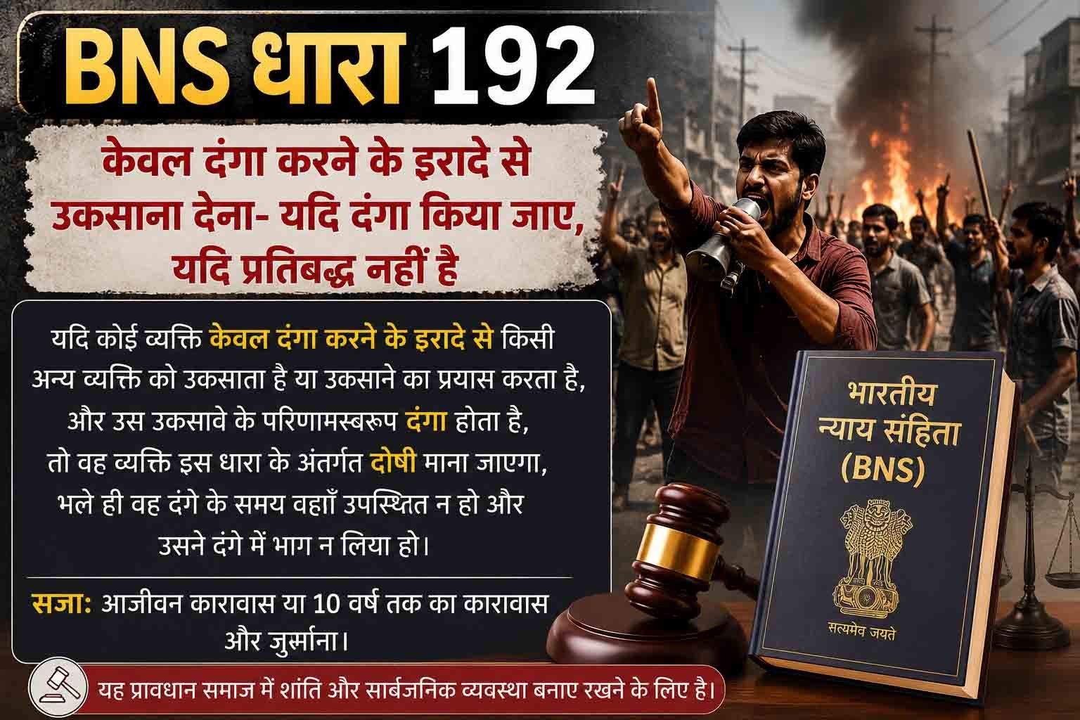 बीएनएस धारा 192, केवल दंगा करने के इरादे से उकसाना देना- यदि दंगा किया जाए, यदि प्रतिबद्ध नहीं है