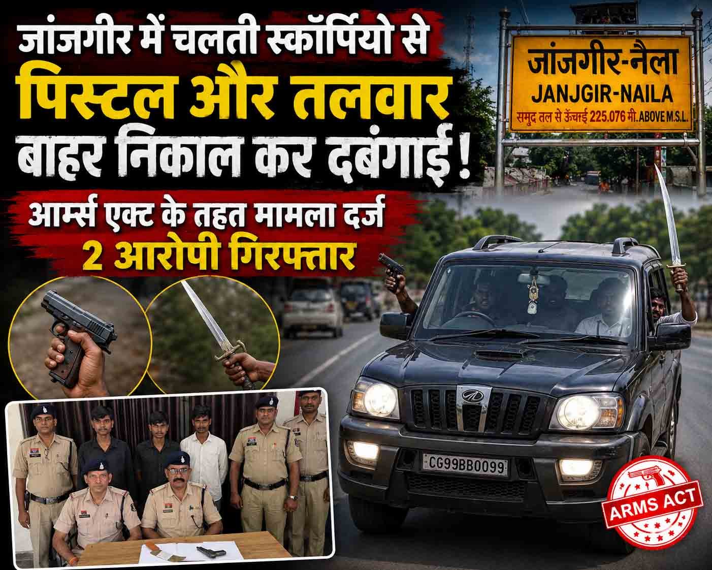 जांजगीर में चलती स्कॉर्पियो से पिस्टल और तलवार बाहर निकाल कर दबंगाई, आर्म्स एक्ट के तहत मामला दर्ज़, 2 आरोपी गिरफ्तार
