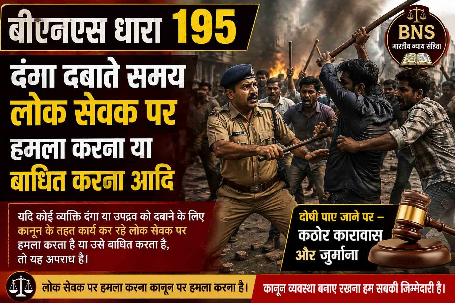 बीएनएस धारा 195, दंगा दबाते समय लोक सेवक पर हमला करना या बाधित करना आदि