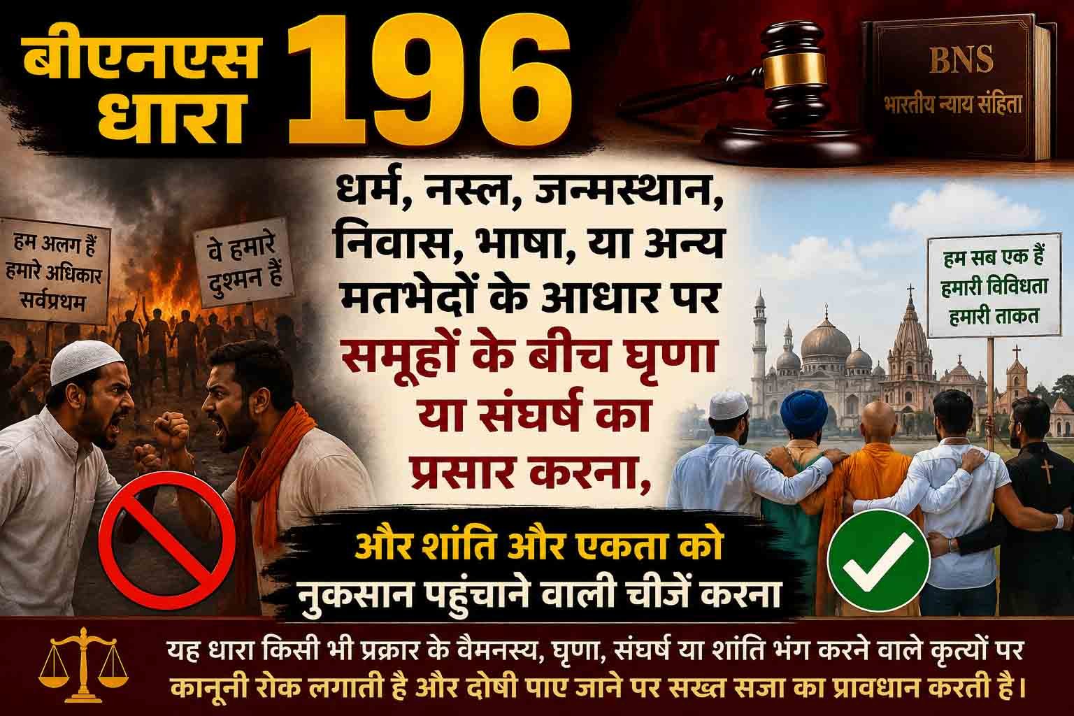 बीएनएस धारा 196, धर्म, नस्ल, जन्मस्थान, निवास, भाषा, या अन्य मतभेदों के आधार पर समूहों के बीच घृणा या संघर्ष का प्रसार करना, और शांति और एकता को नुकसान पहुंचाने वाली चीजें करना