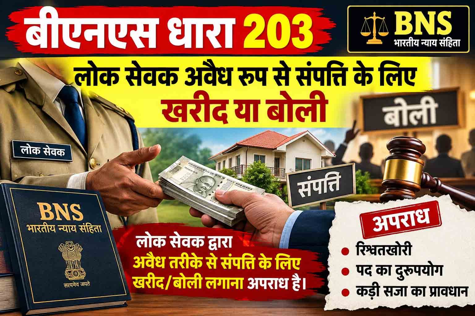बीएनएस धारा 203, लोक सेवक अवैध रूप से संपत्ति के लिए खरीद या बोली